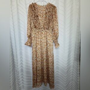 Elegant Floral Long Sleeve Dress in Cream and Brown